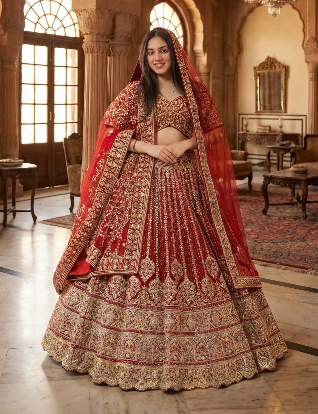 SCARLET RED RAW SILK LEHENGA