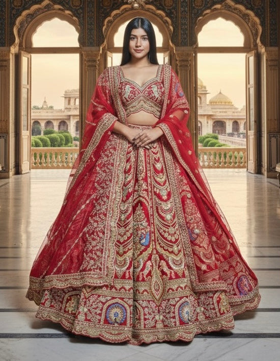 SCARLET RED RAW SILK LEHENGA