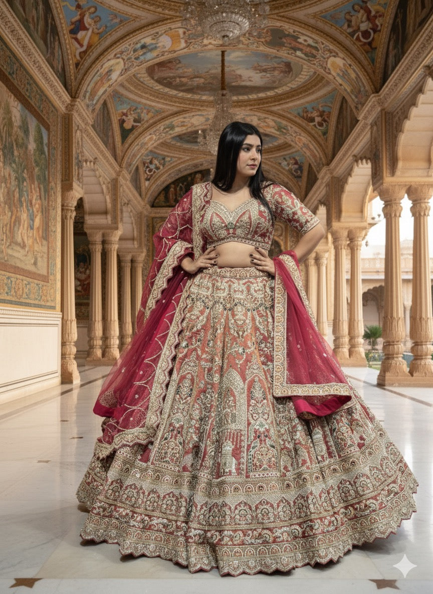 ONION PINK TISSUE EMBROIDERED LEHENGA