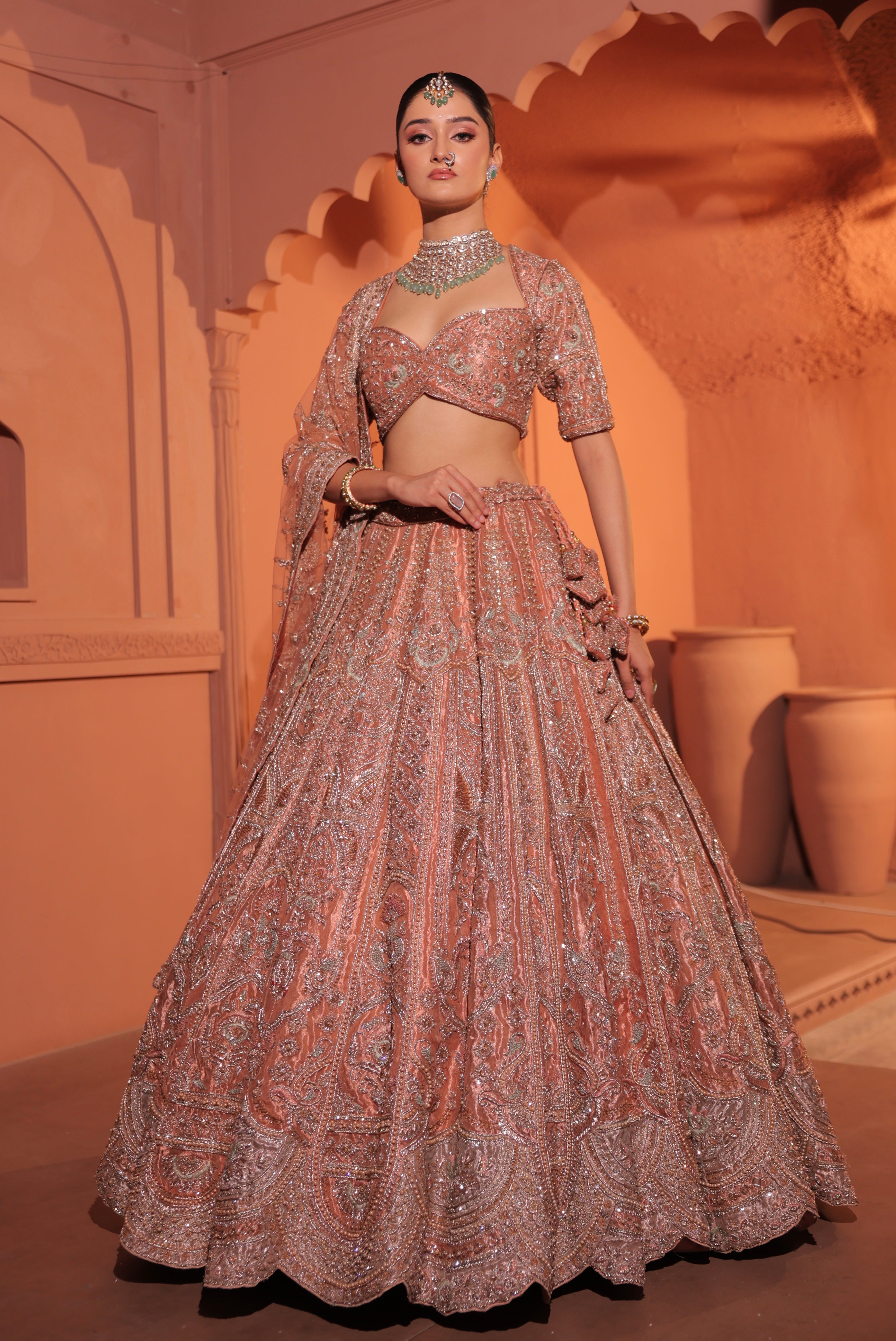 SALMON PEACH TISSUE LEHENGA