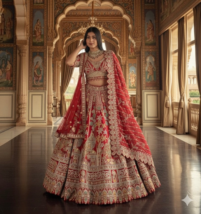 SCARLET RED RAW SILK LEHENGA