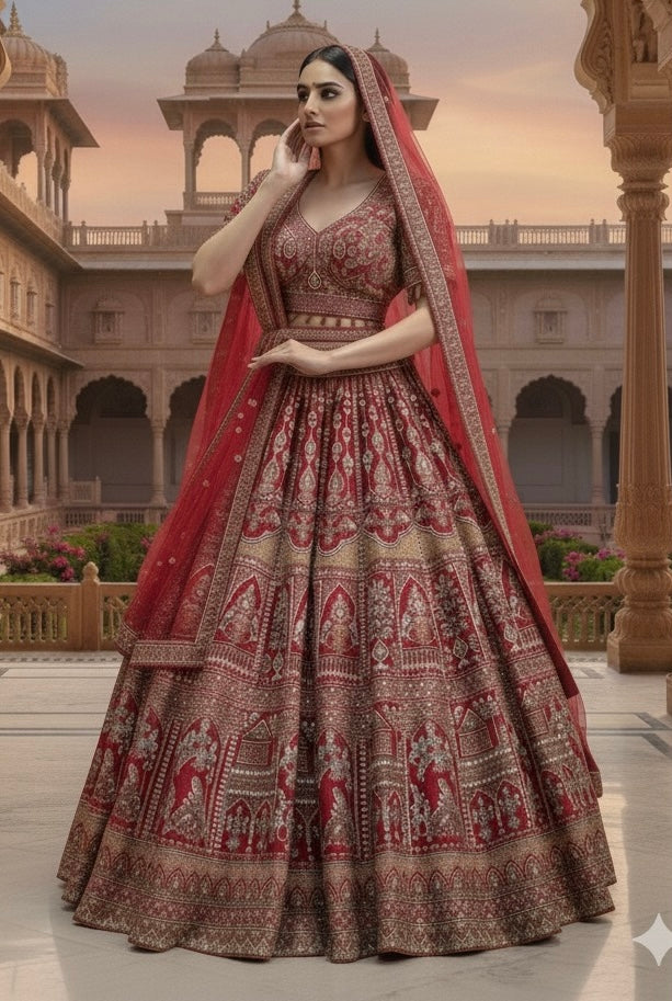 CRIMSON RED RAW SILK LEHENGA