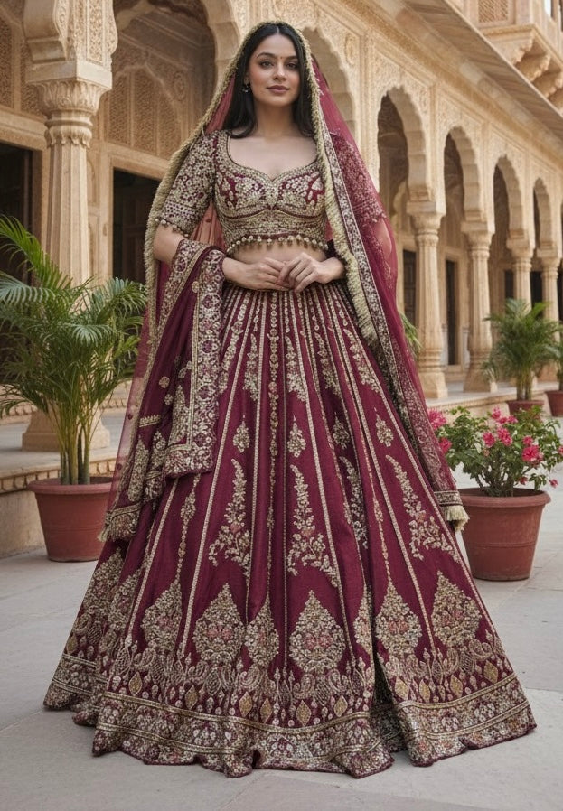 CHERRY MAROON RAW SILK LEHENGA
