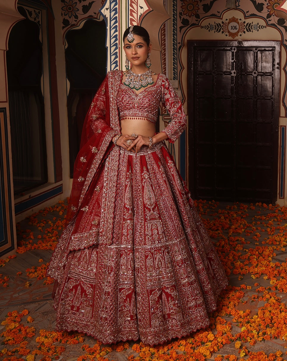 RUST RED RAW SILK LEHENGA