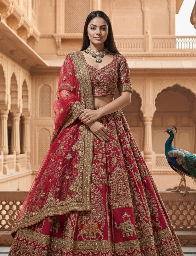 SCARLET RED RAW SILK LEHENGA