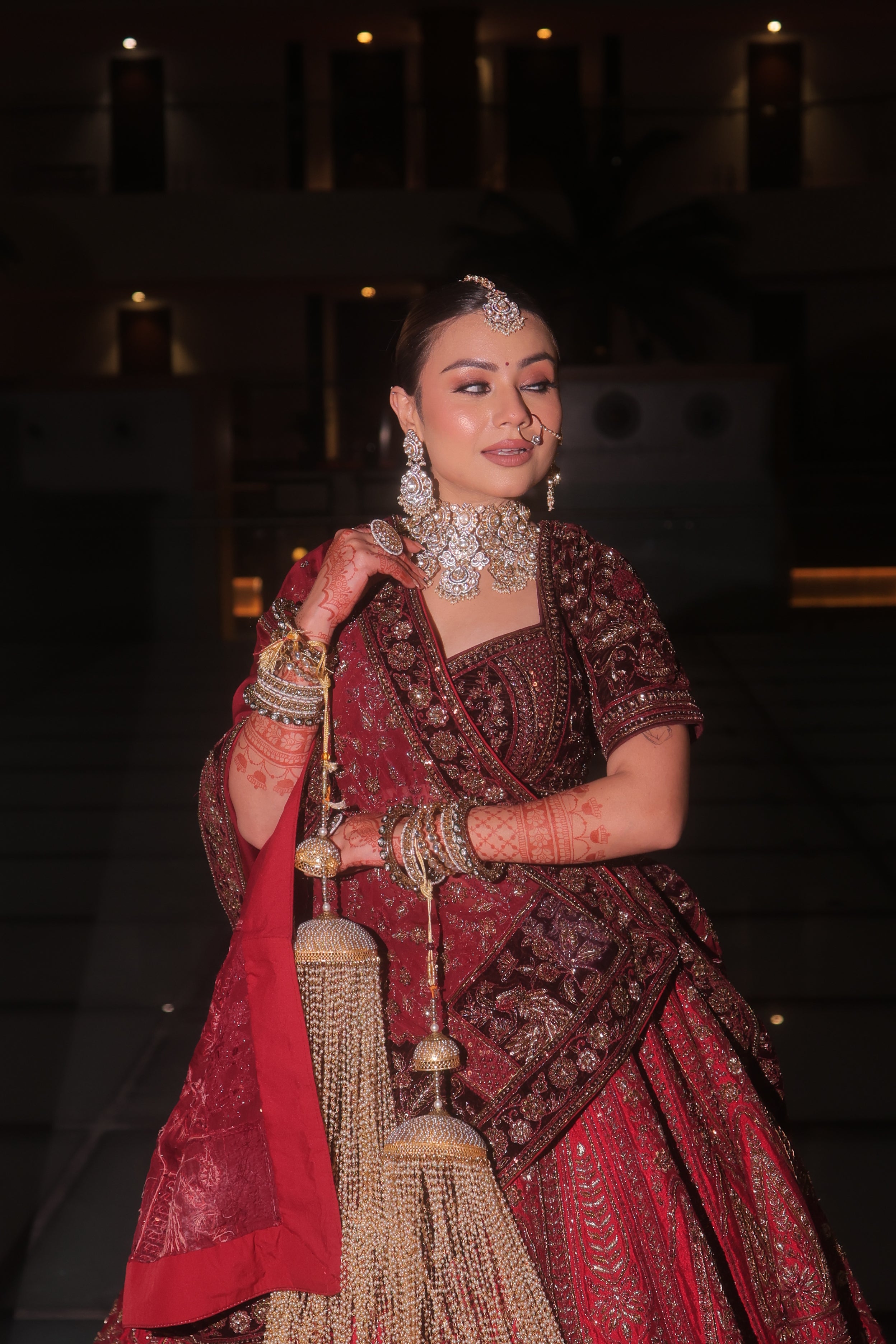 CRIMSON RED RAW SILK AND MAROON VELVET INFUSED LEHENGA