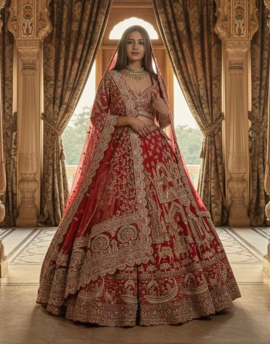 SCARLET RED RAW SILK LEHENGA