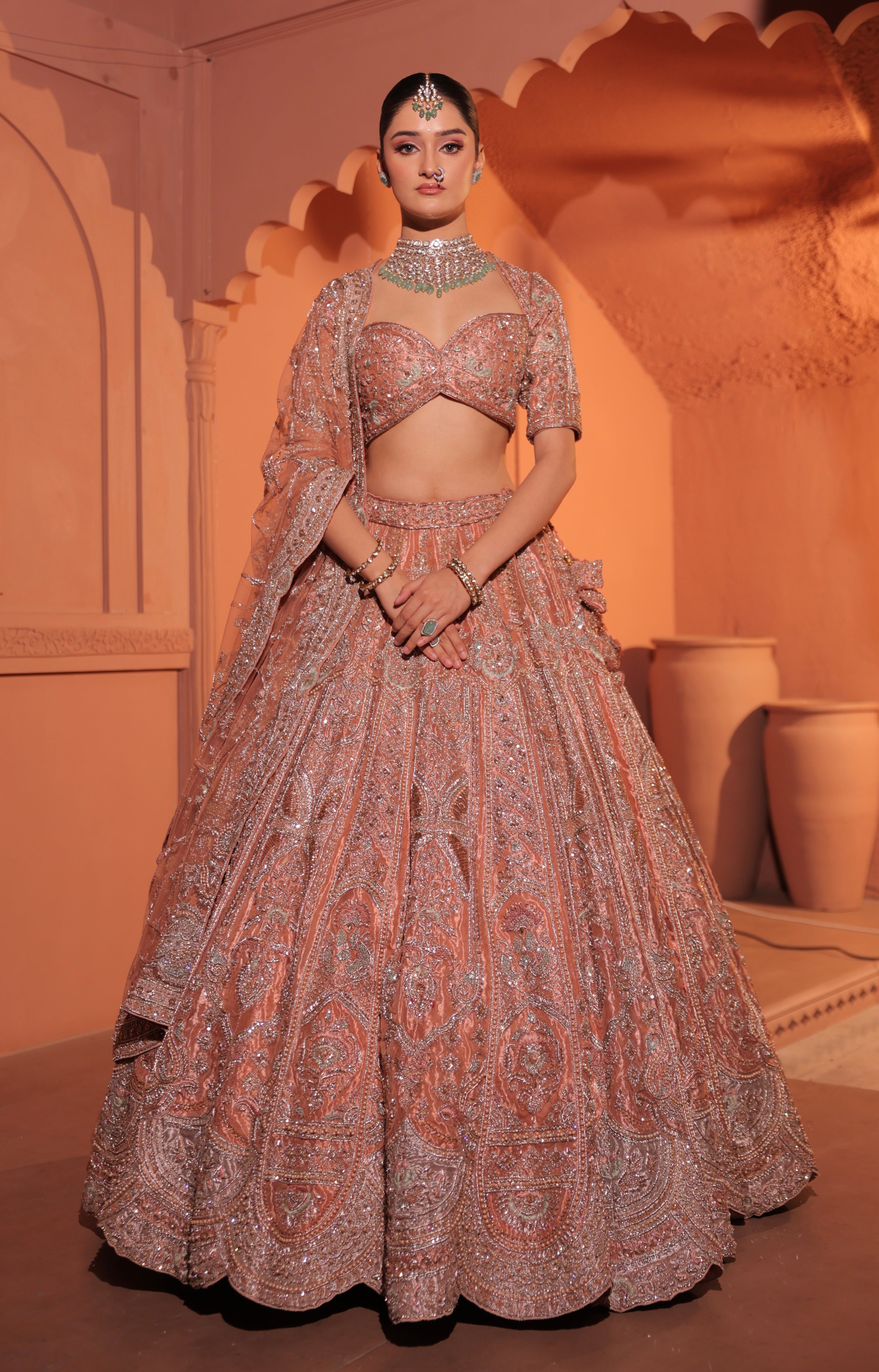 SALMON PEACH TISSUE LEHENGA