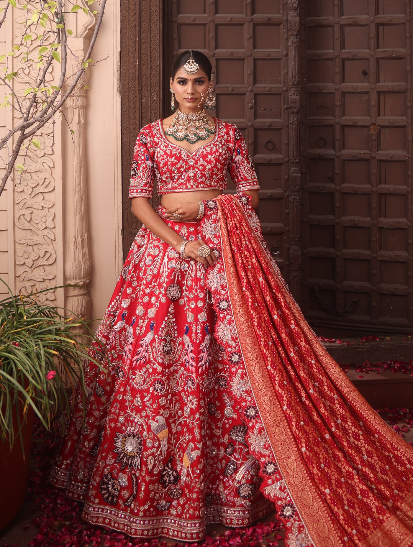 SCARLET RED RAW SILK LEHENGA