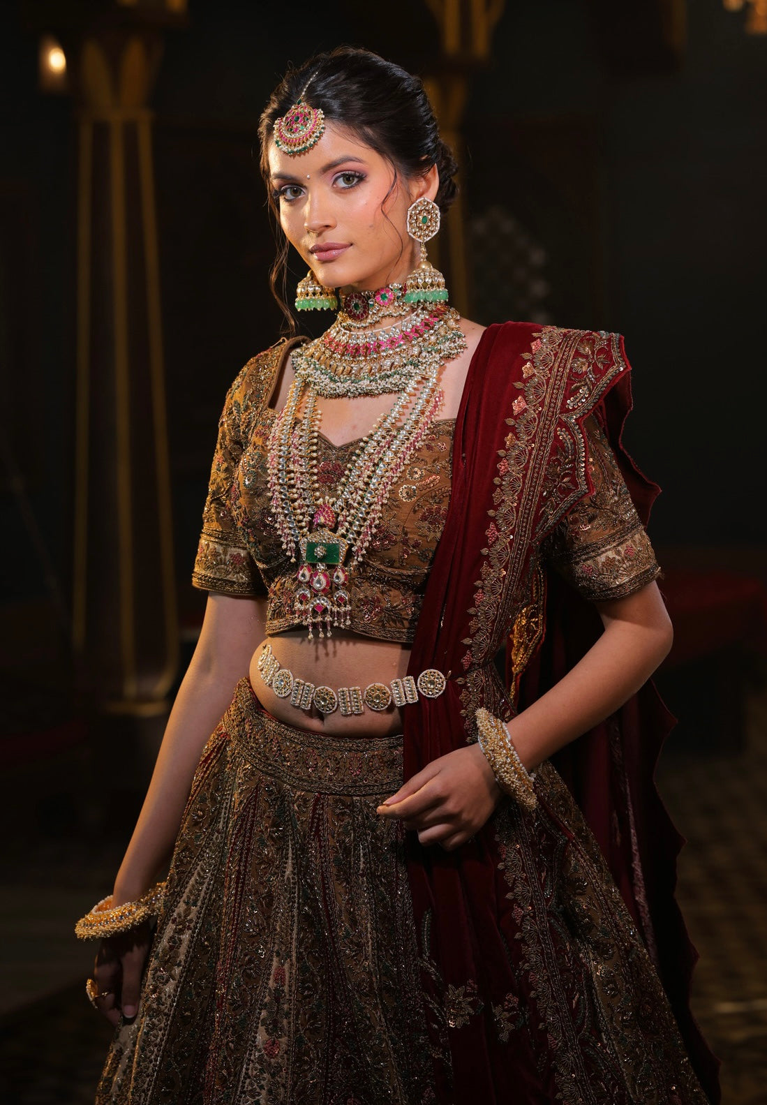 RUST IVORY AND MAROON VELVET INFUSED LEHENGA