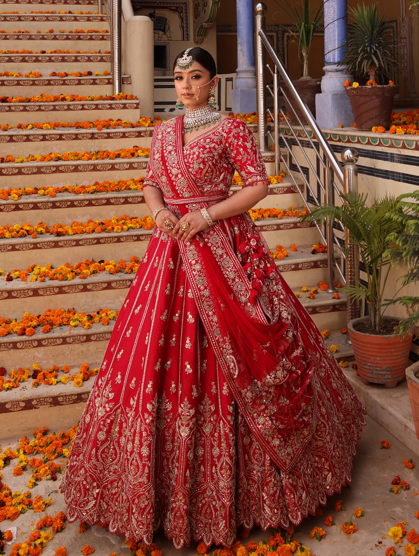 SCARLET RED RAW SILK LEHENGA