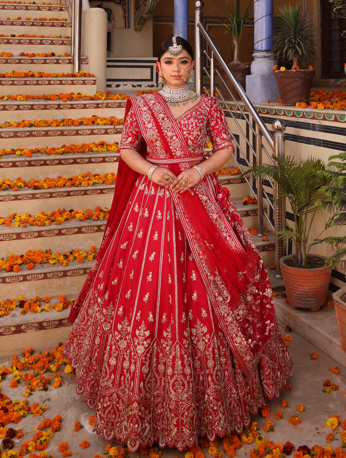 SCARLET RED RAW SILK LEHENGA