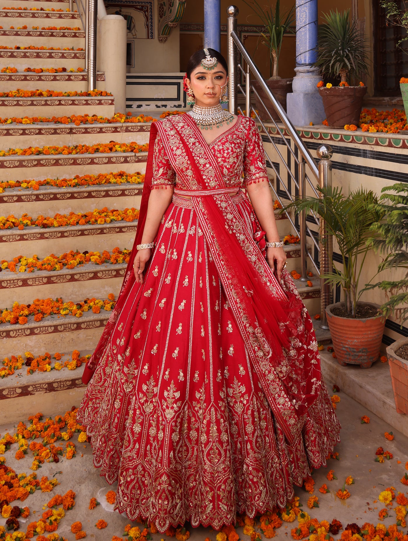 SCARLET RED RAW SILK LEHENGA