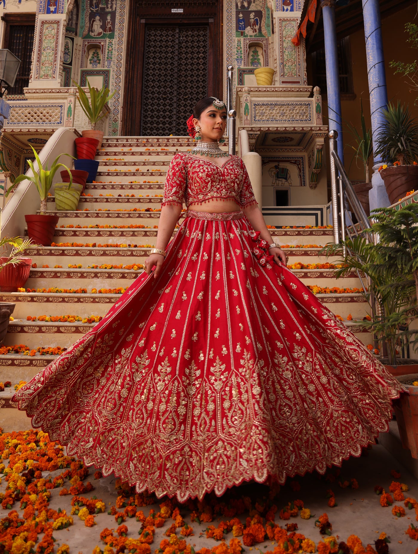 SCARLET RED RAW SILK LEHENGA