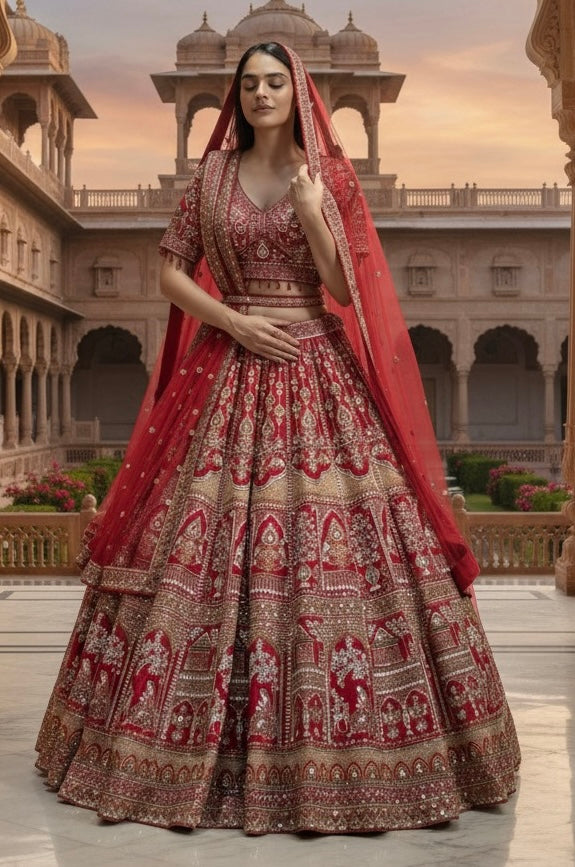 CRIMSON RED RAW SILK LEHENGA
