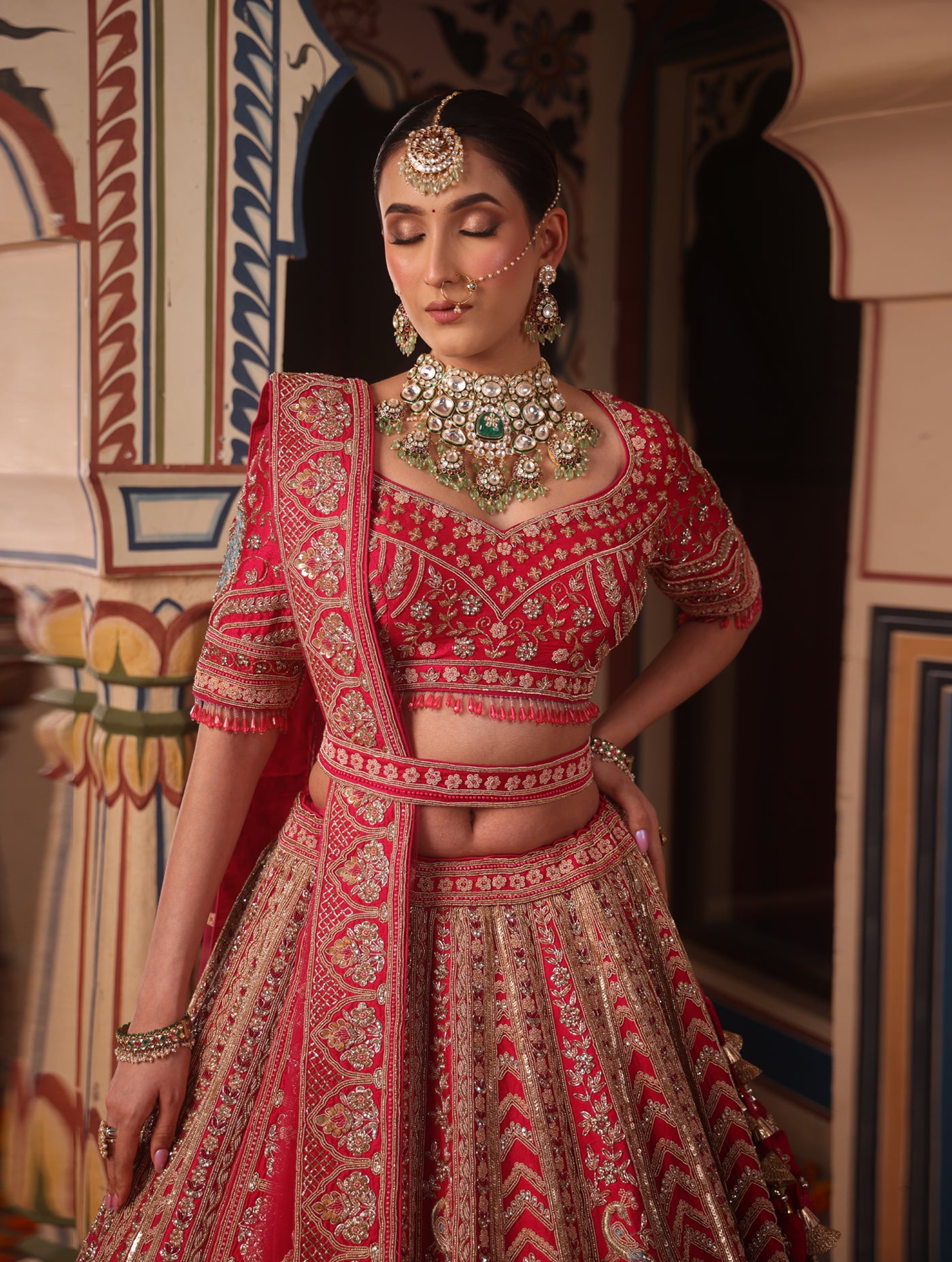 SCARLET RED RAW SILK LEHENGA