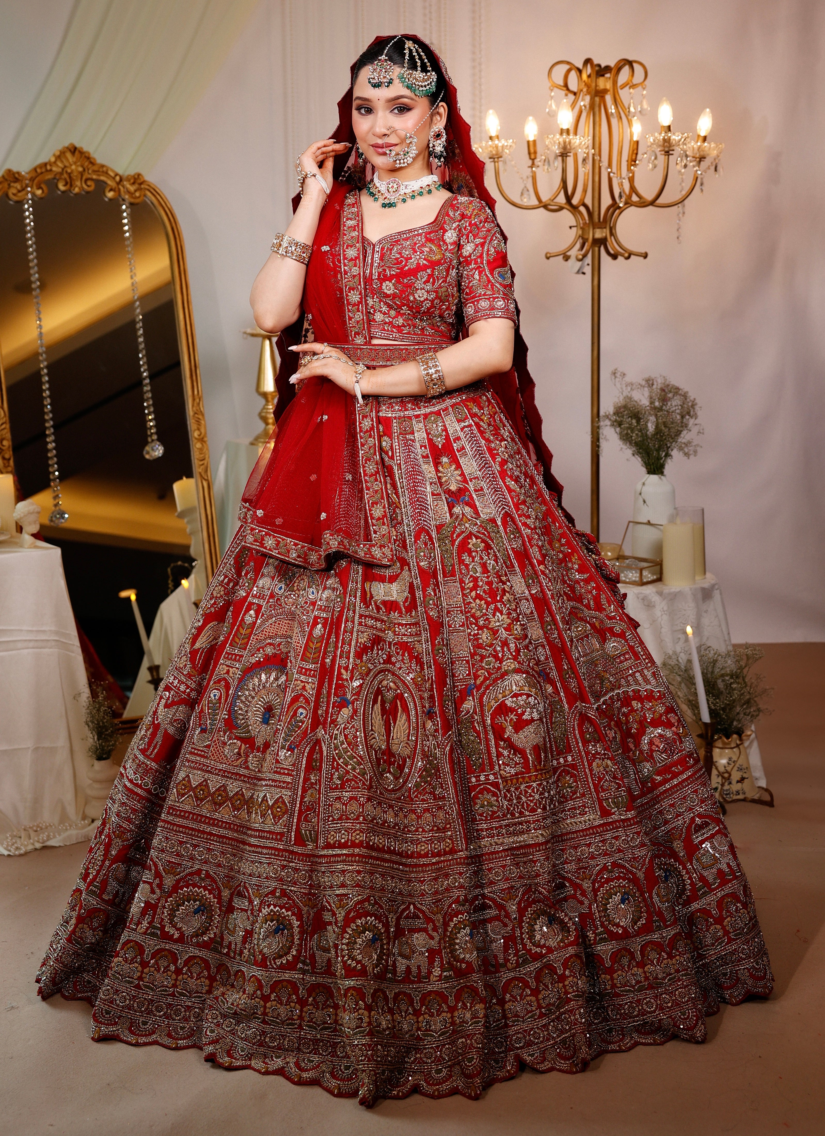 SCARLET RED RAW SILK LEHENGA