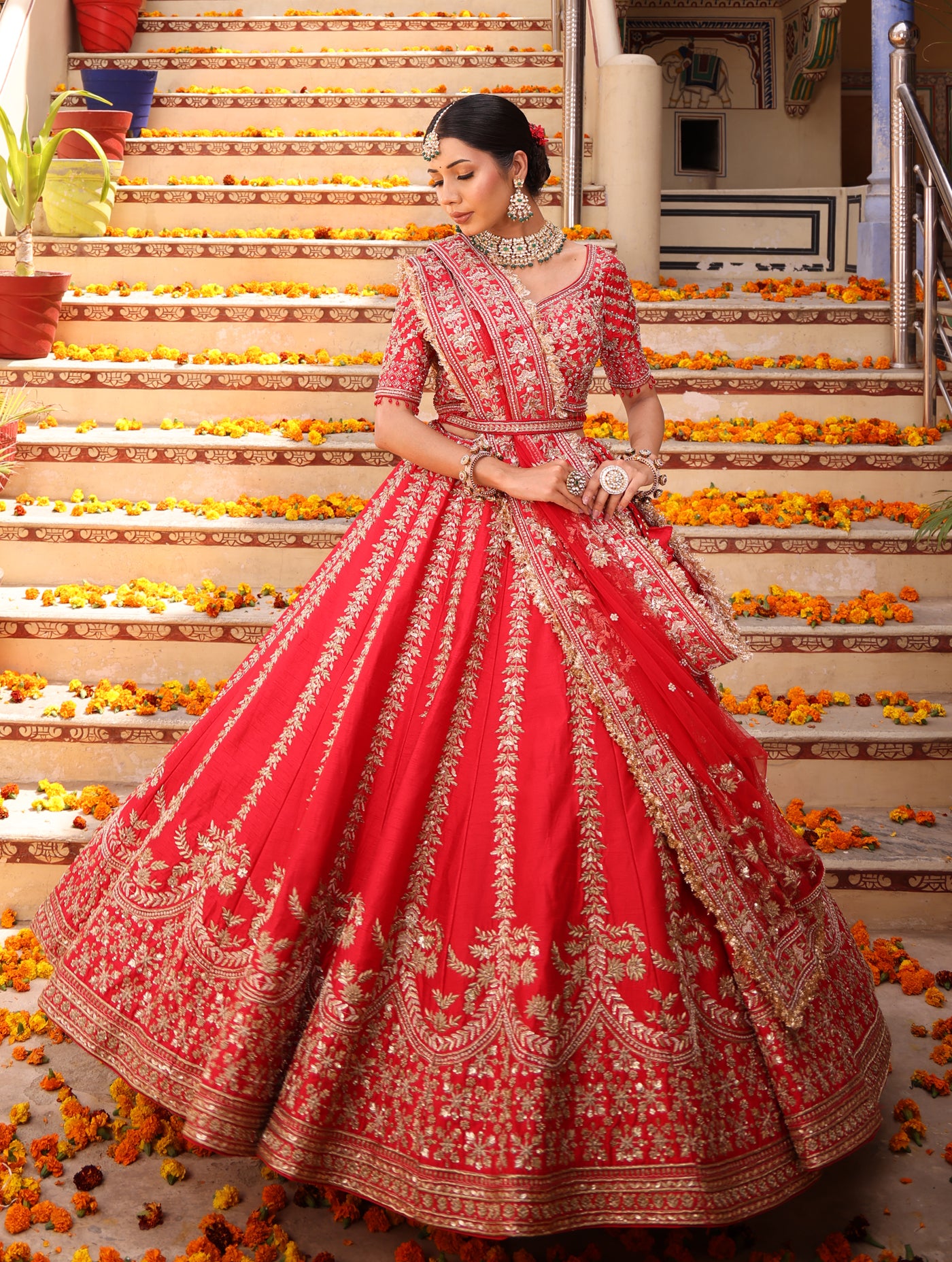 CRIMSON RED RAW SILK LEHENGA