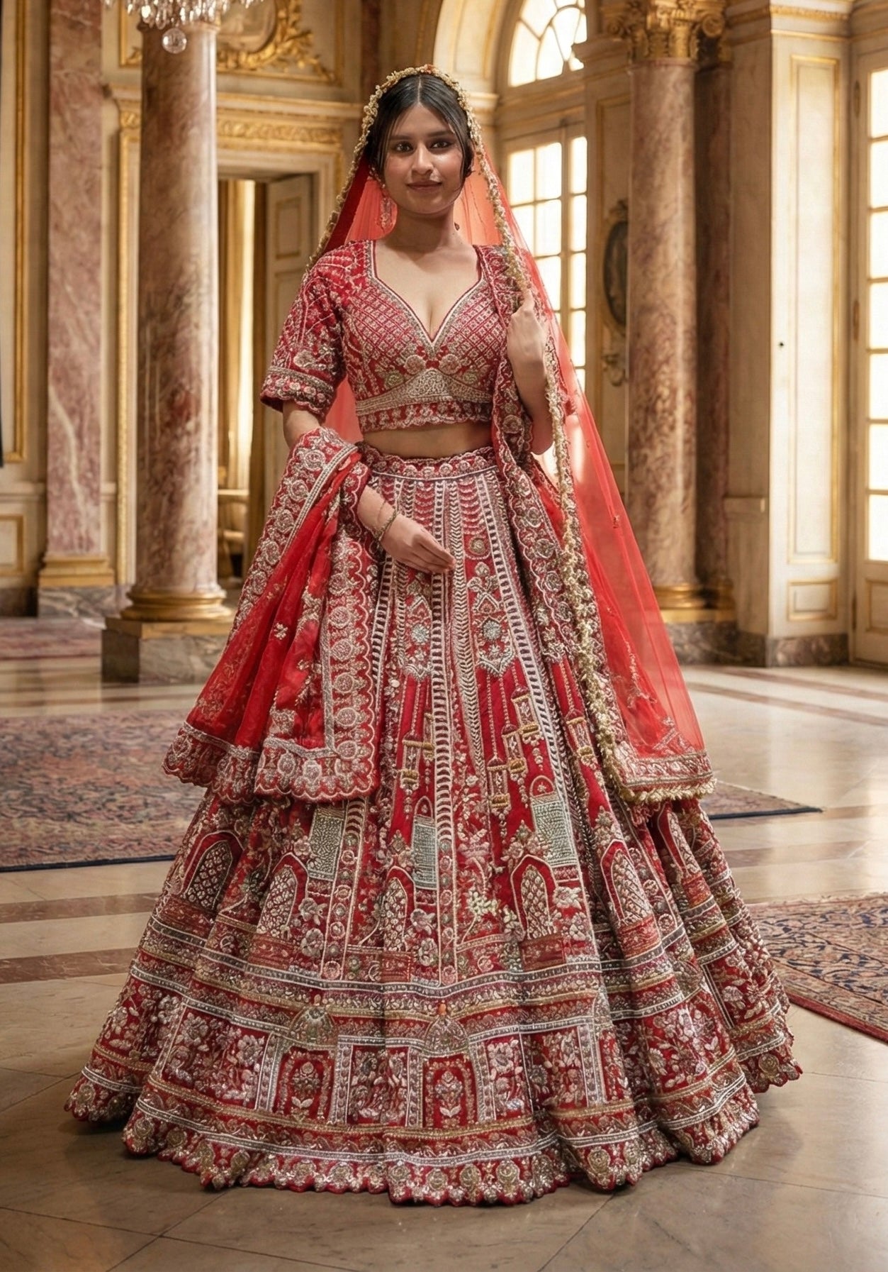 SCARLET RED RAW SILK LEHENGA