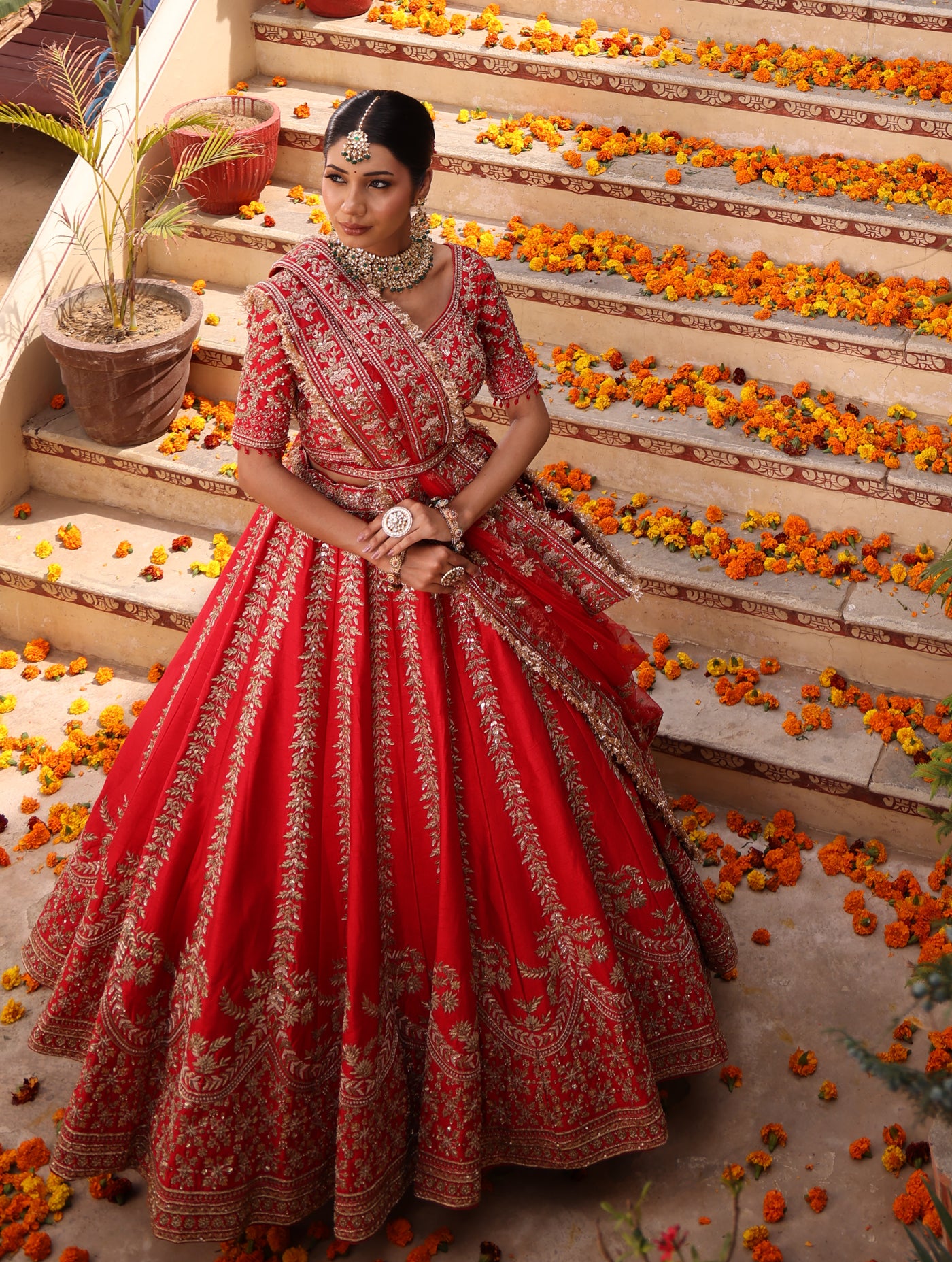 CRIMSON RED RAW SILK LEHENGA