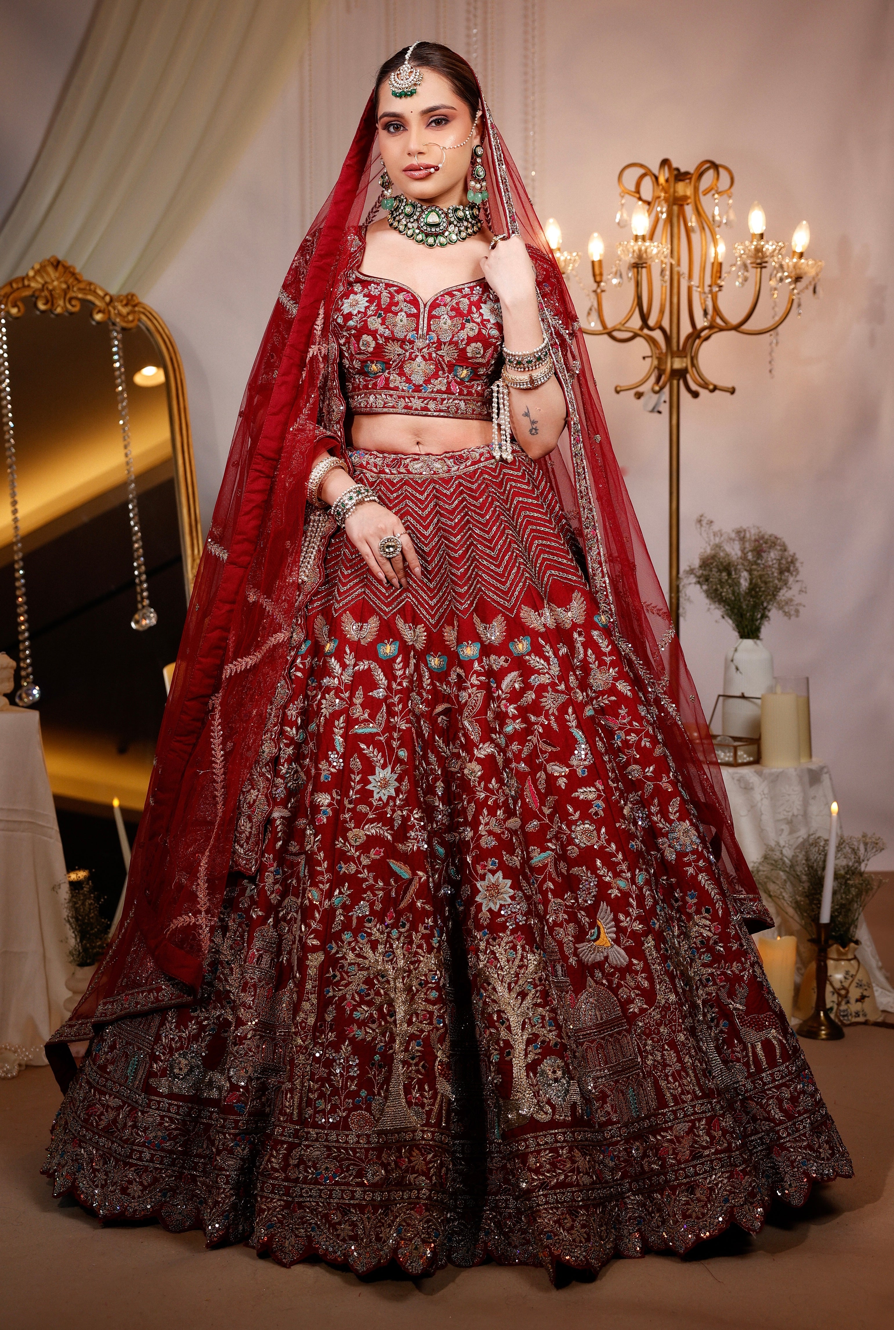 CHERRY RED RAW SILK LEHENGA