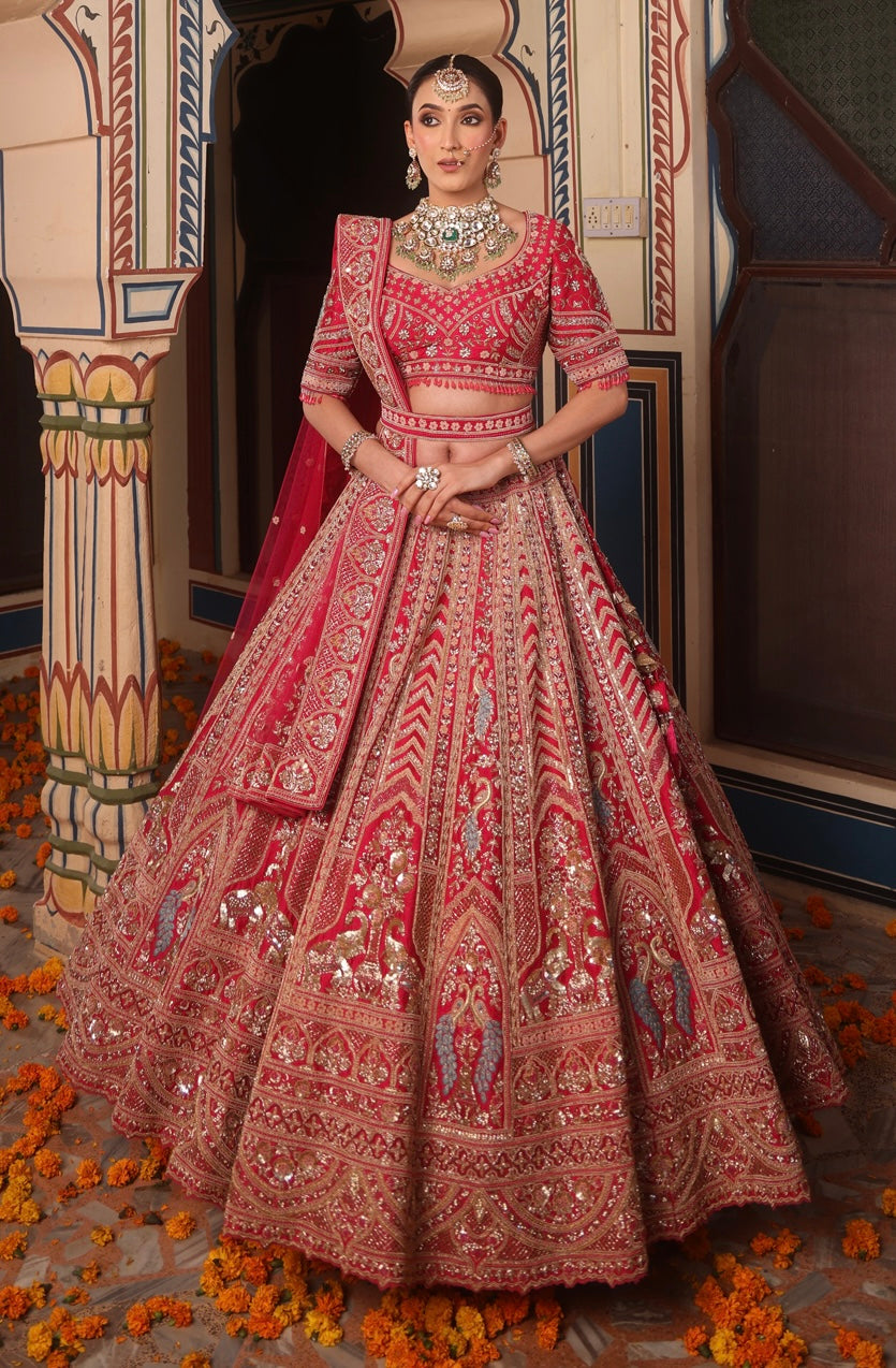 SCARLET RED RAW SILK LEHENGA