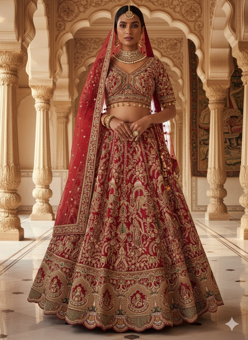SCARLET RED RAW SILK LEHENGA