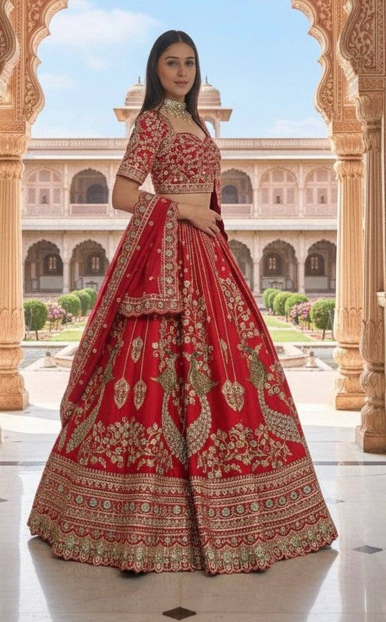 SCARLET RED RAW SILK LEHENGA