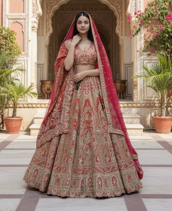 RED ORANGE TISSUE EMBROIDERED LEHENGA