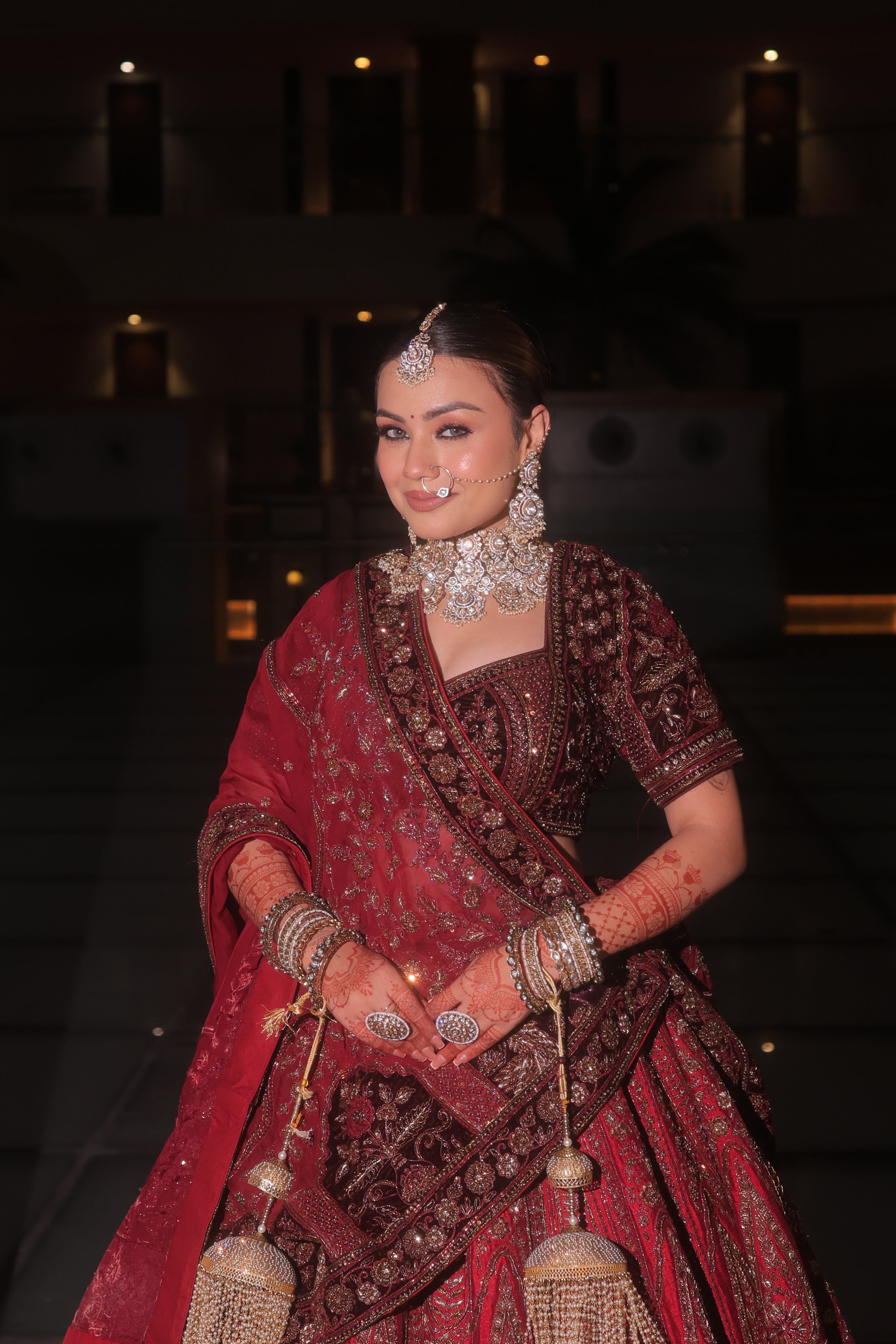 CRIMSON RED RAW SILK AND MAROON VELVET INFUSED LEHENGA