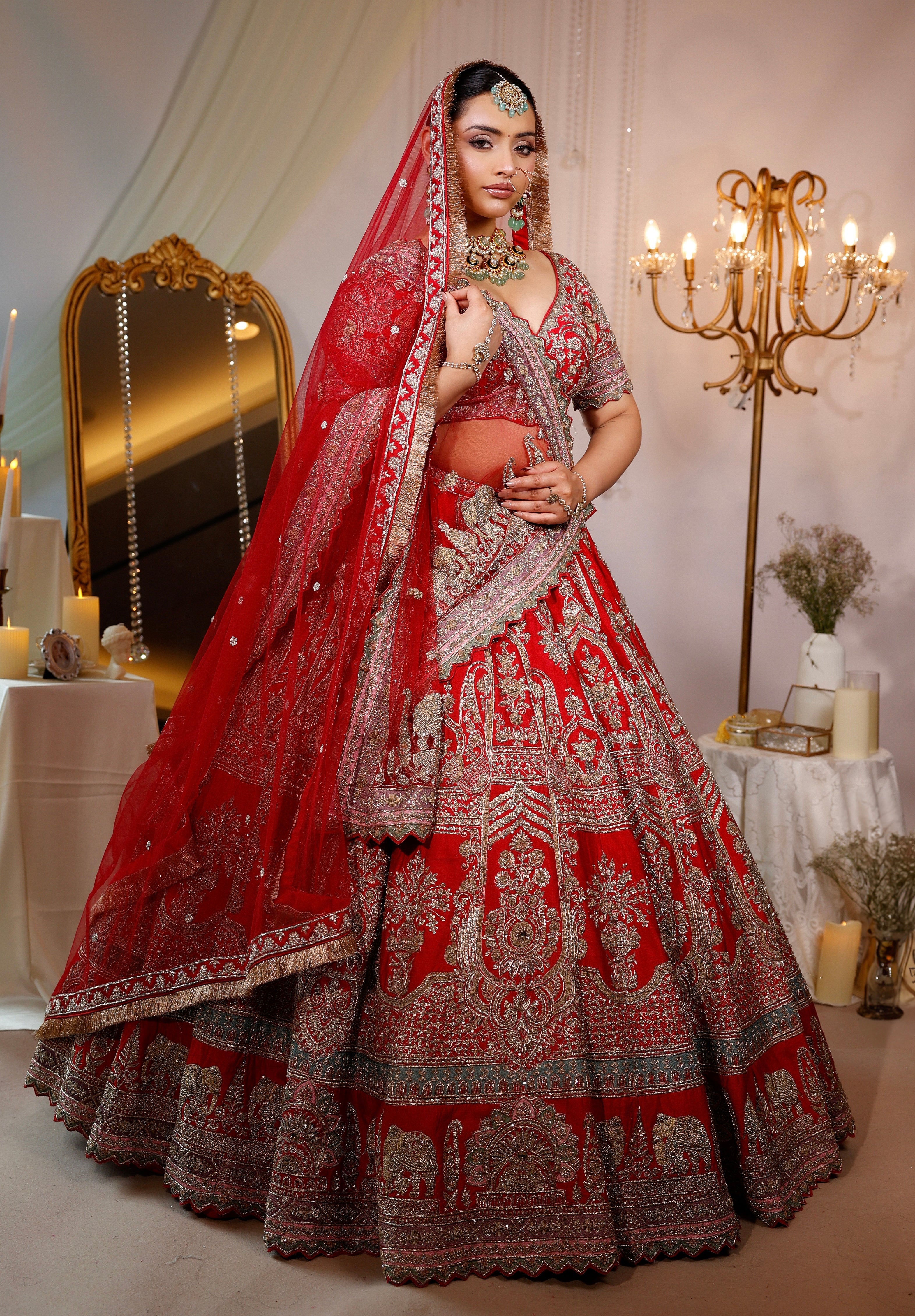 SCARLET RED RAW SILK LEHENGA
