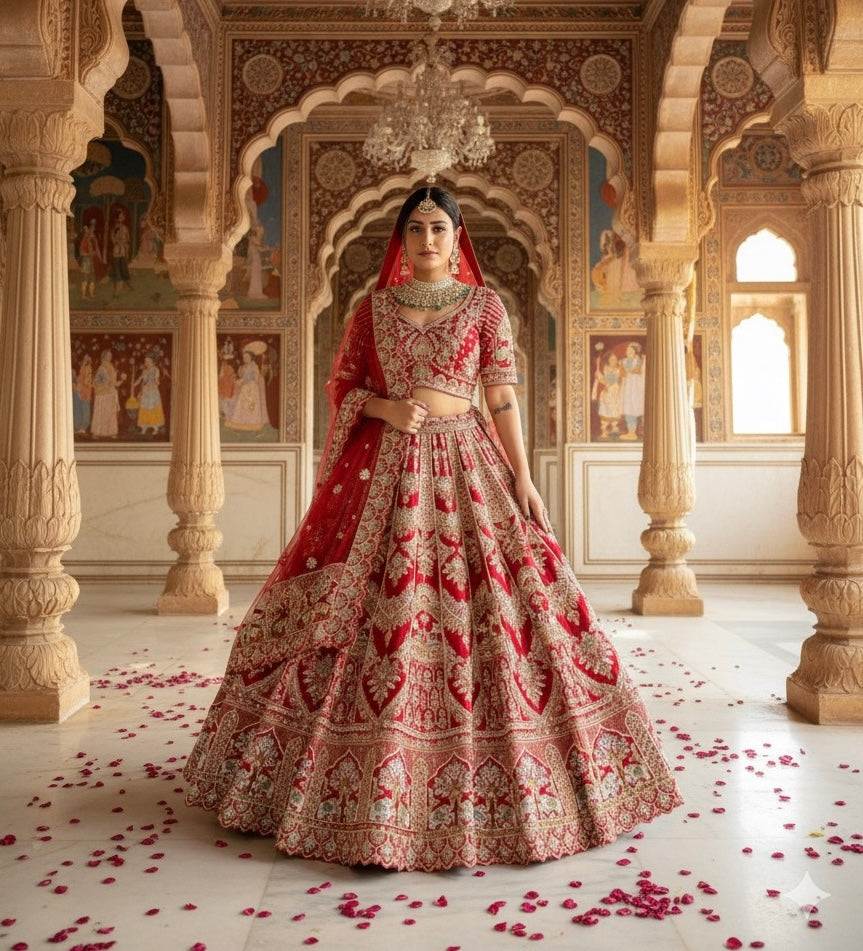 SCARLET RED RAW SILK LEHENGA