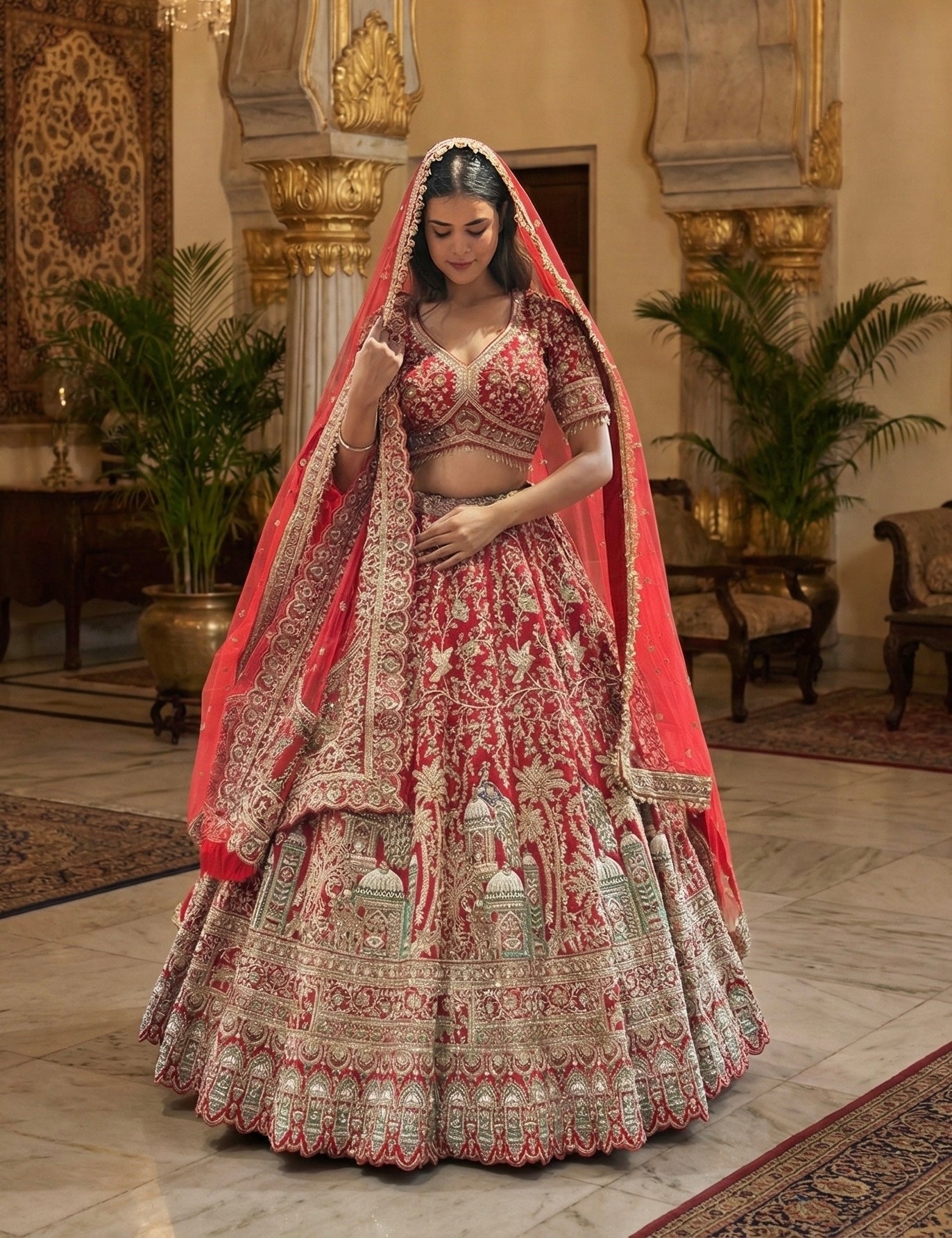 SCARLET RED RAW SILK LEHENGA
