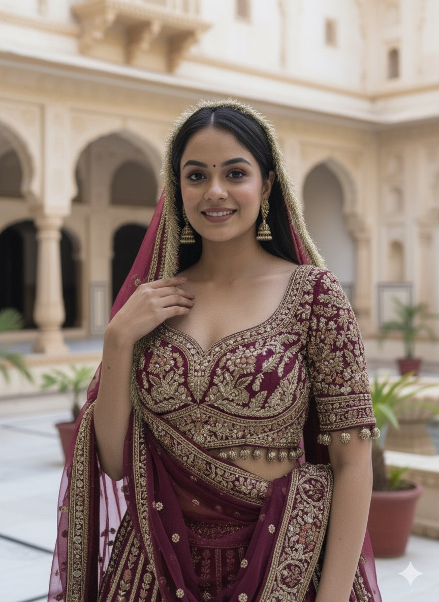 CHERRY MAROON RAW SILK LEHENGA