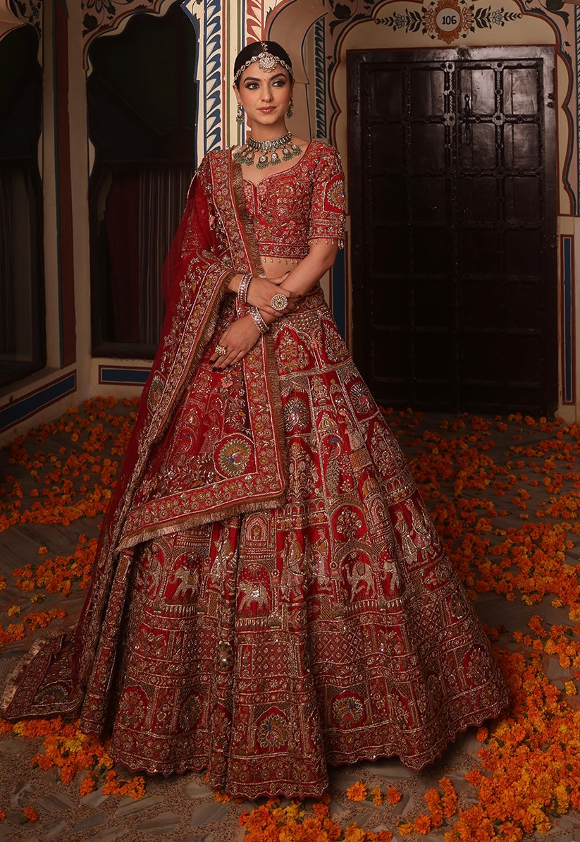 SCARLET RED RAW SILK LEHENGA