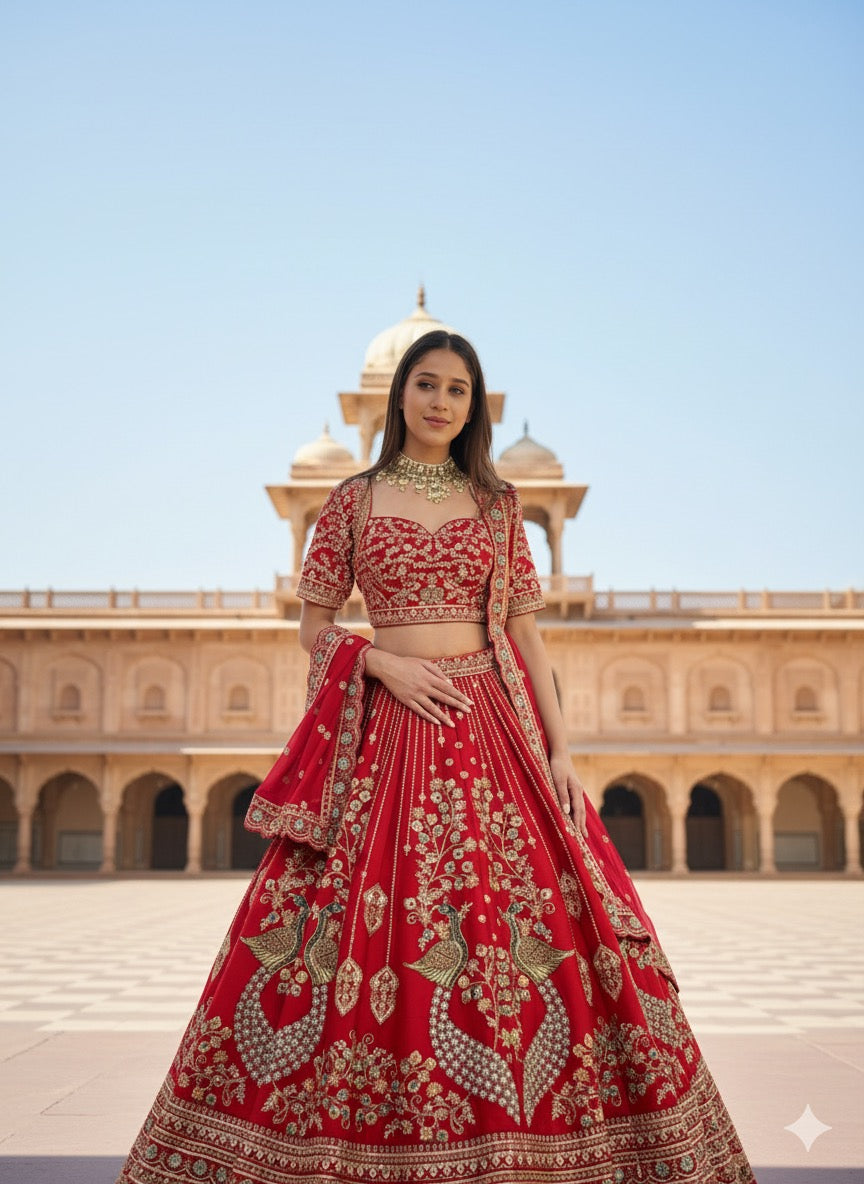 SCARLET RED RAW SILK LEHENGA