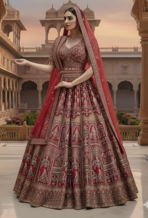 CRIMSON RED RAW SILK LEHENGA