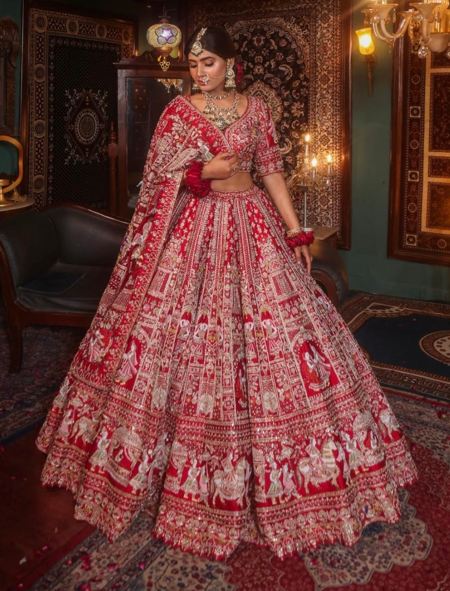 SCARLET RED RAW SILK LEHENGA
