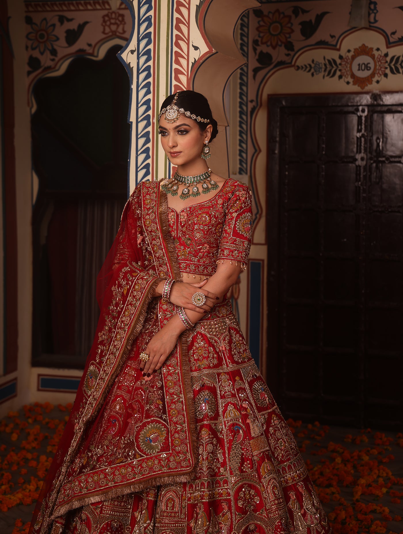 SCARLET RED RAW SILK LEHENGA