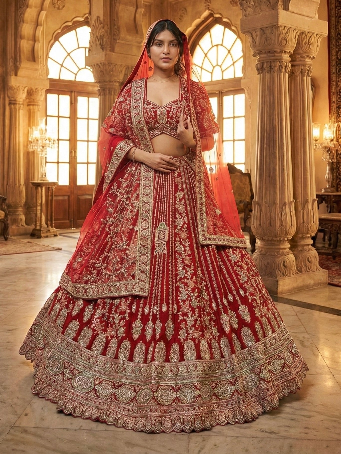 SCARLET RED RAW SILK LEHENGA