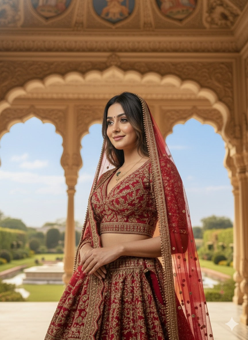 CRIMSON RED RAW SILK LEHENGA