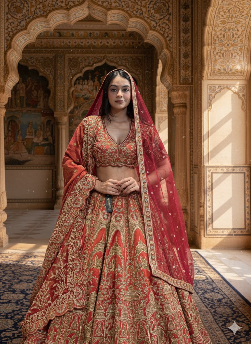 RED ORANGE TISSUE EMBROIDERED LEHENGA