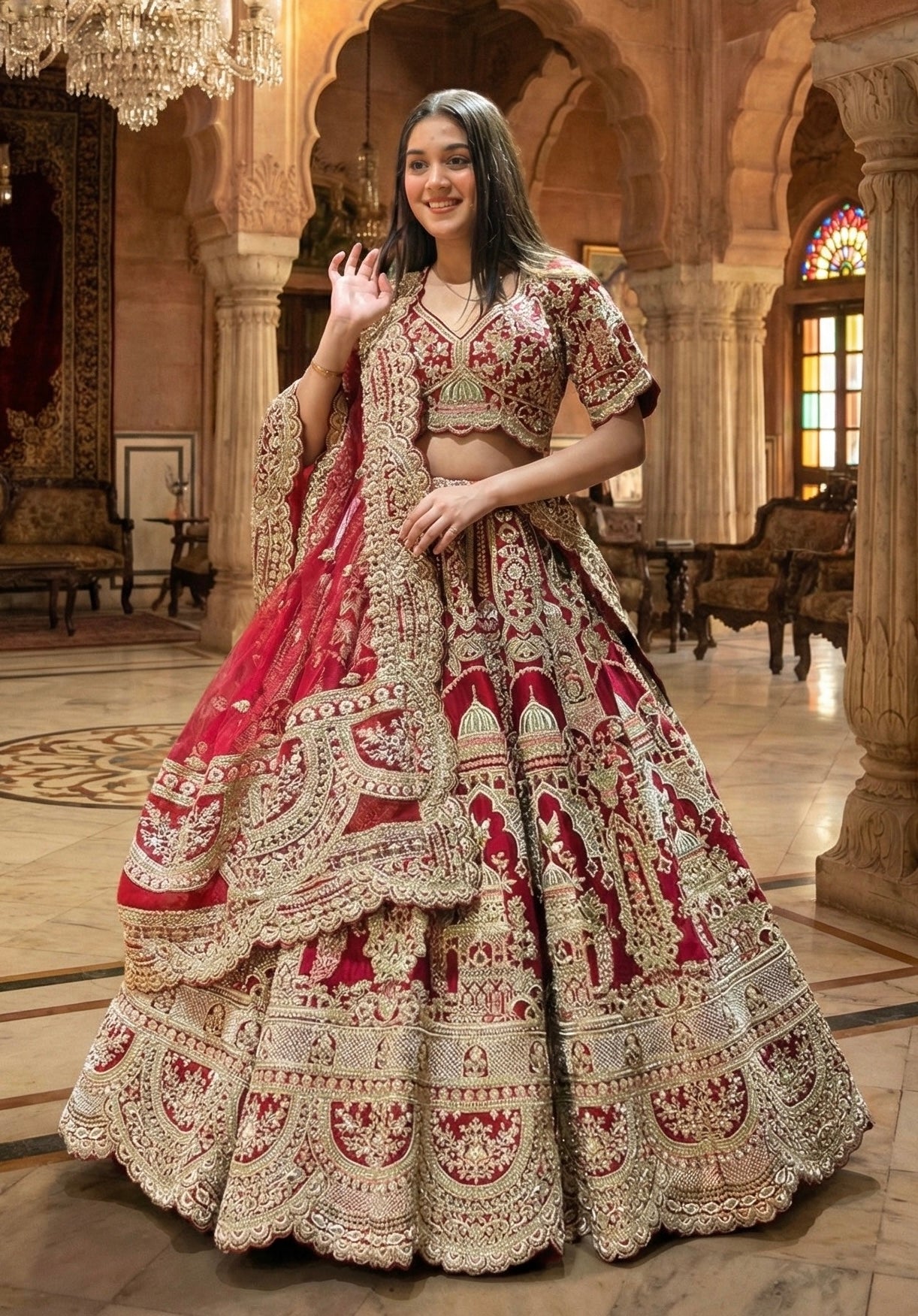 CHERRY RED RAW SILK LEHENGA
