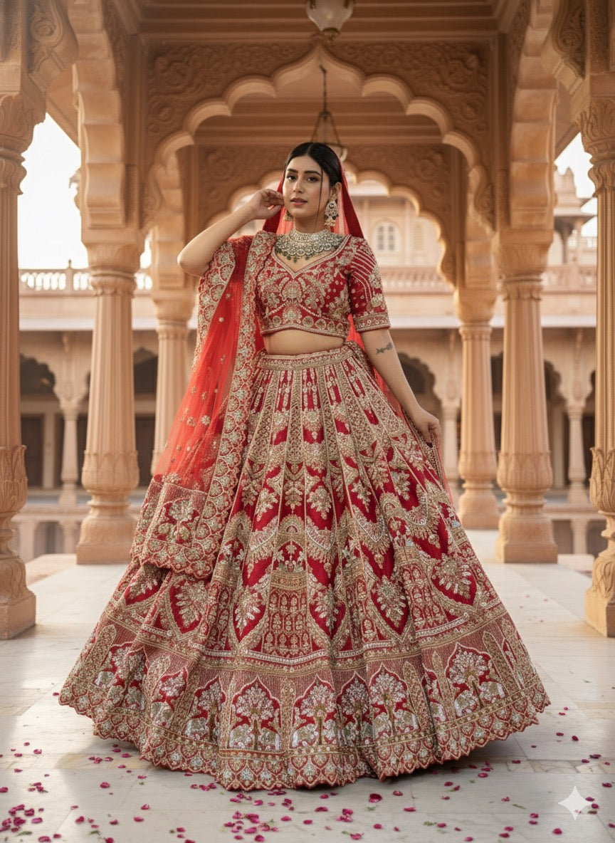 SCARLET RED RAW SILK LEHENGA