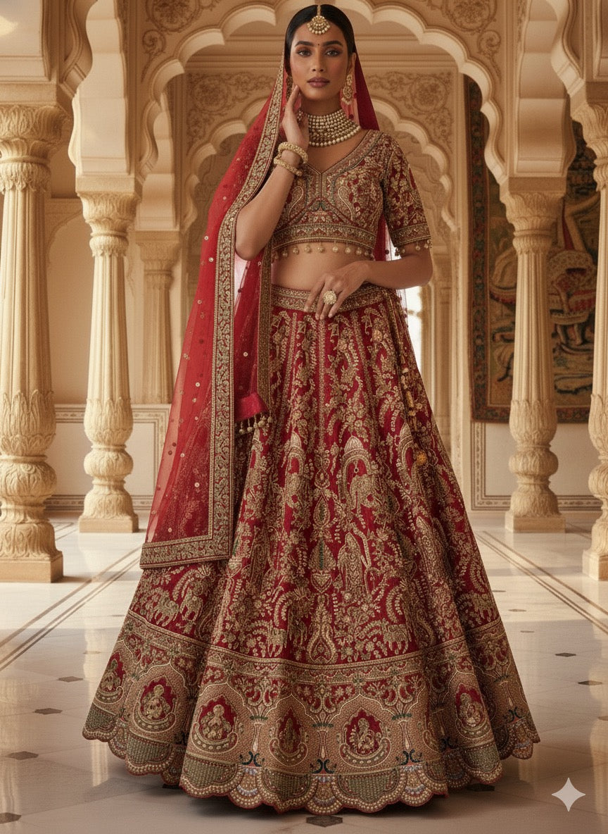 SCARLET RED RAW SILK LEHENGA