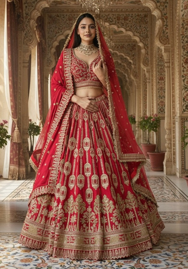 SCARLET RED RAW SILK LEHENGA