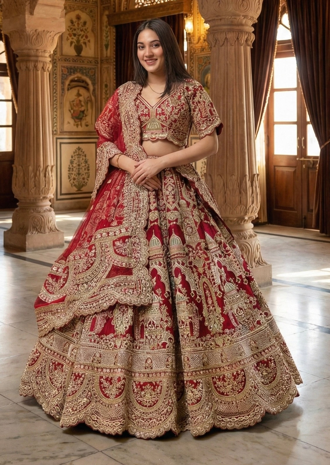 CHERRY RED RAW SILK LEHENGA