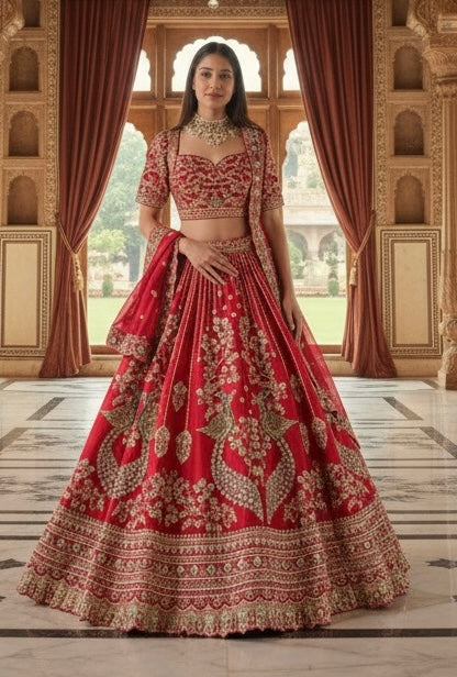 SCARLET RED RAW SILK LEHENGA