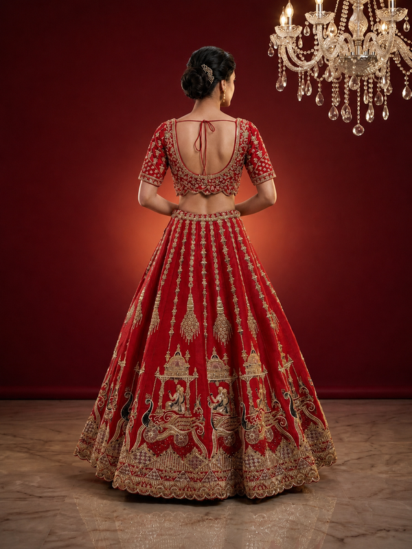 Back profile of a red bridal blouse with intricate manual work and delicate stone detailing.

