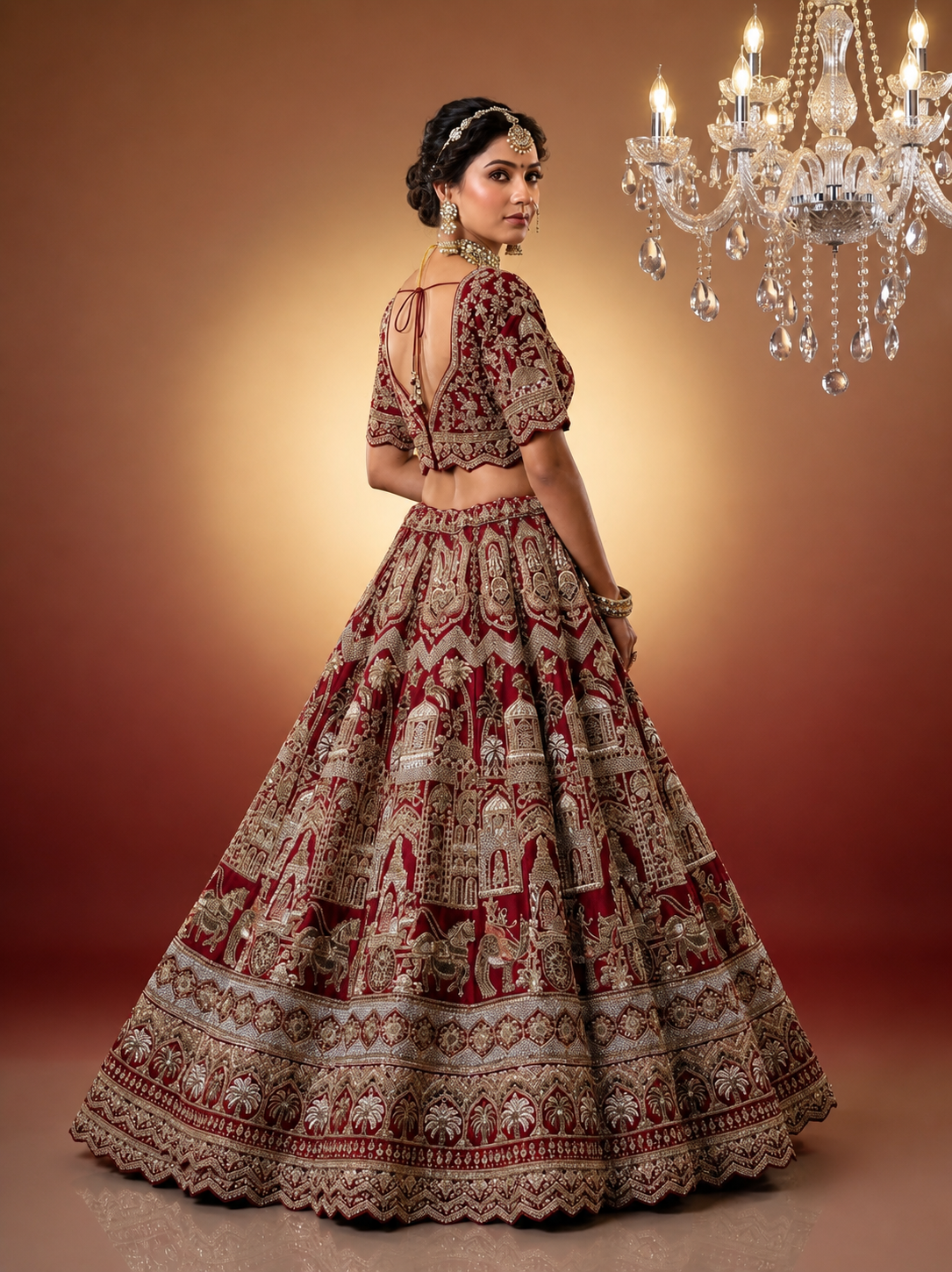 Back view of a bride in a heavily embroidered cherry red blouse and silk lehenga with gold zari work.
